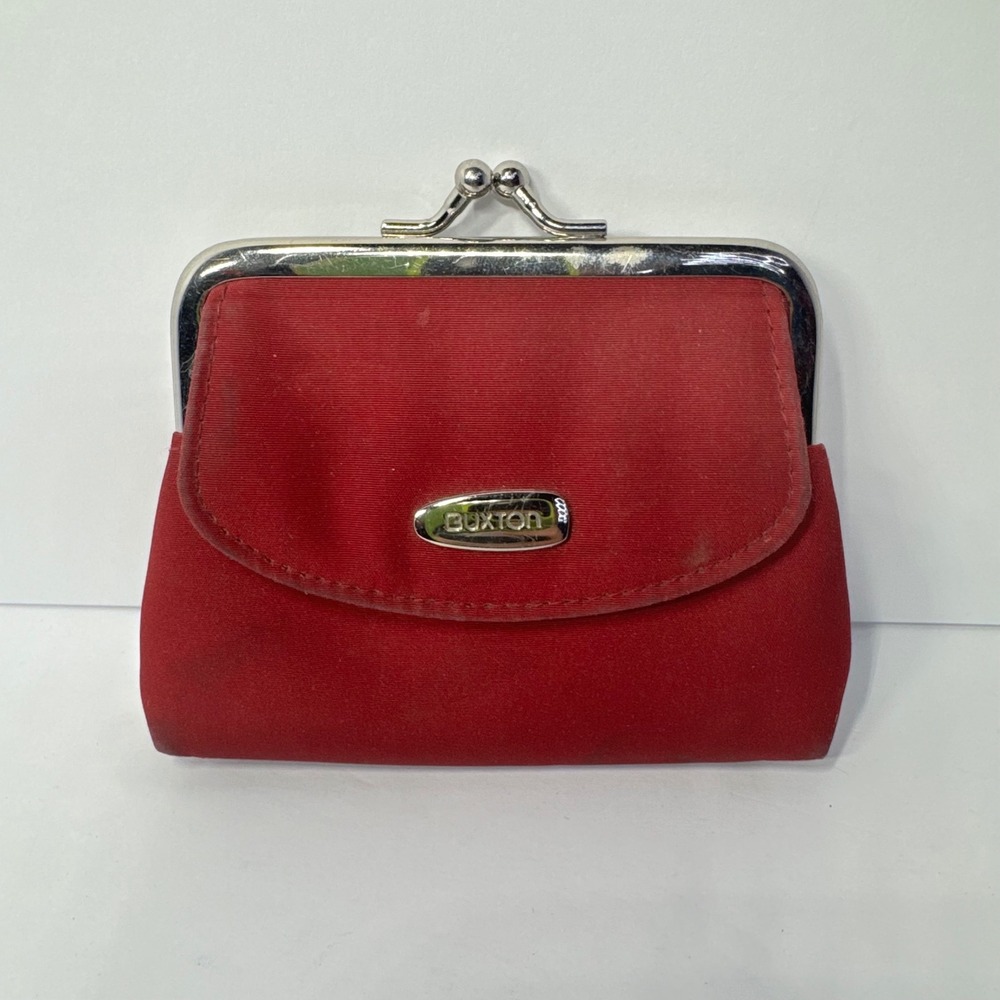 Buxton Vintage Red Fabric Kiss Lock Coin Purse with Front Pocket Silver Hardware